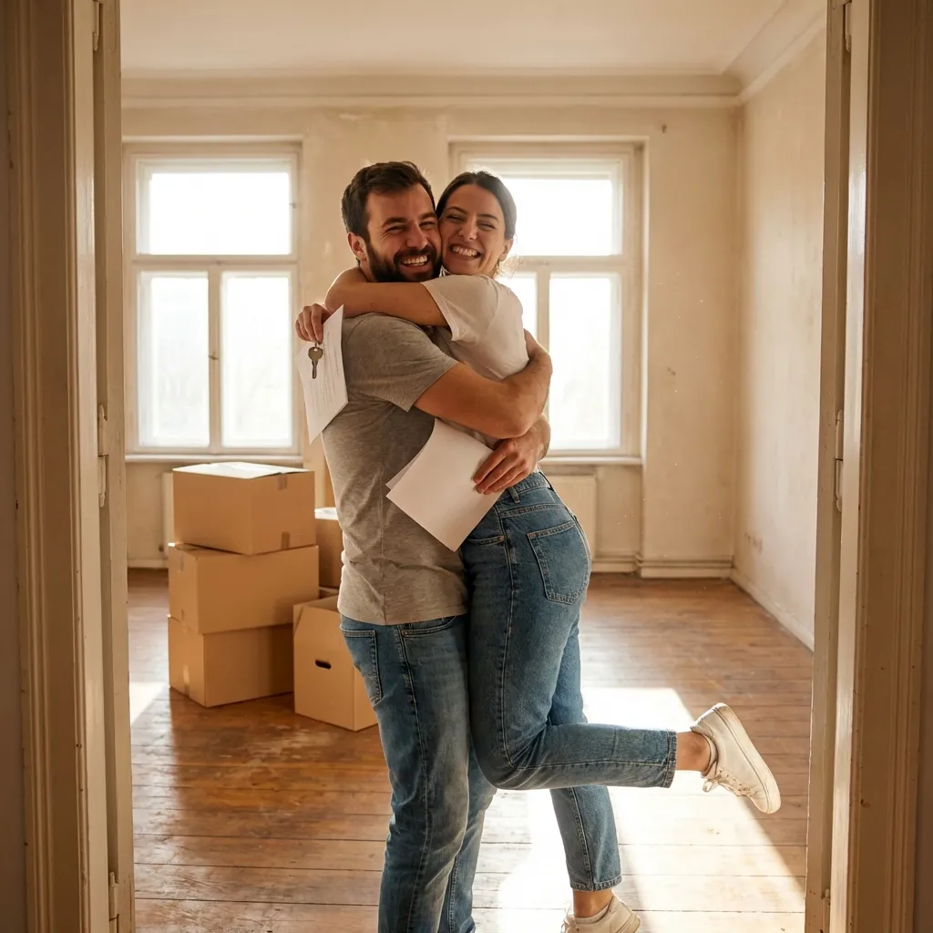 Young couple celebrating first apartment keys in sunny empty room