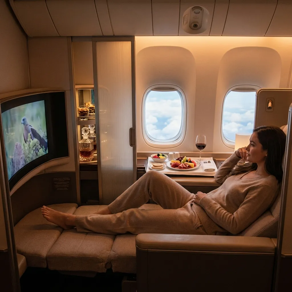 Young professional relaxing in spacious airline first class suite