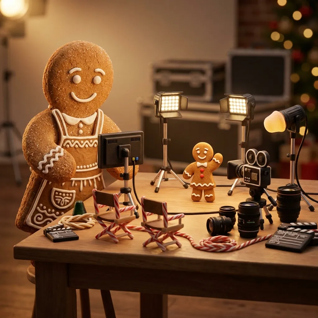 Cinematic miniature of gingerbread film studio with gingerbread woman director
