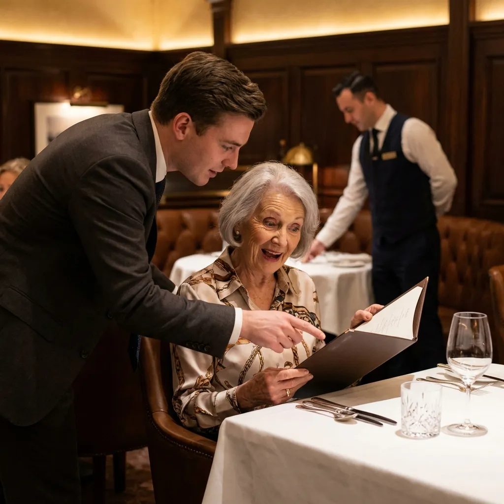 Grandson and grandmother looking at menu in fine dining restaurant