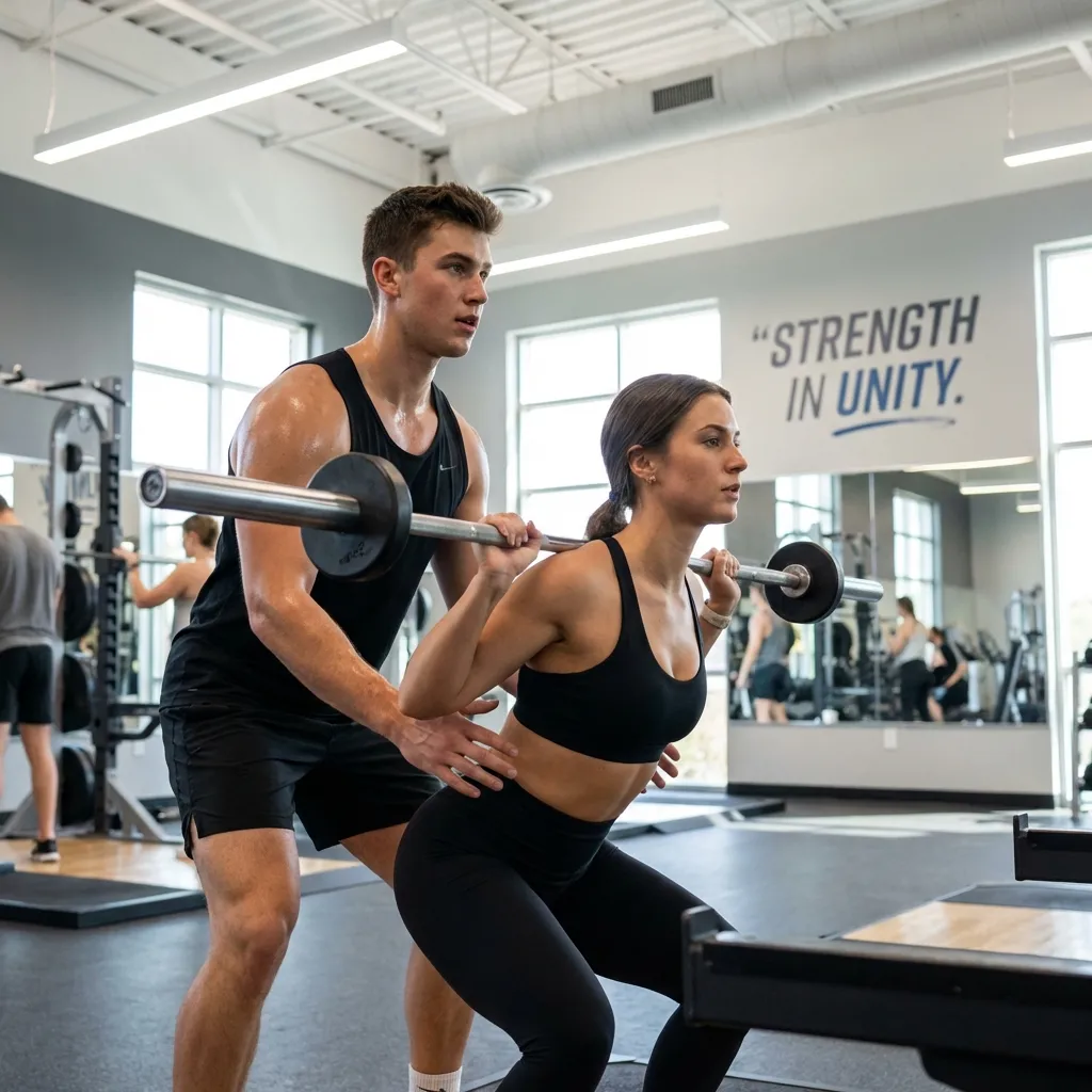 Fit couple doing squat workout together in modern gym