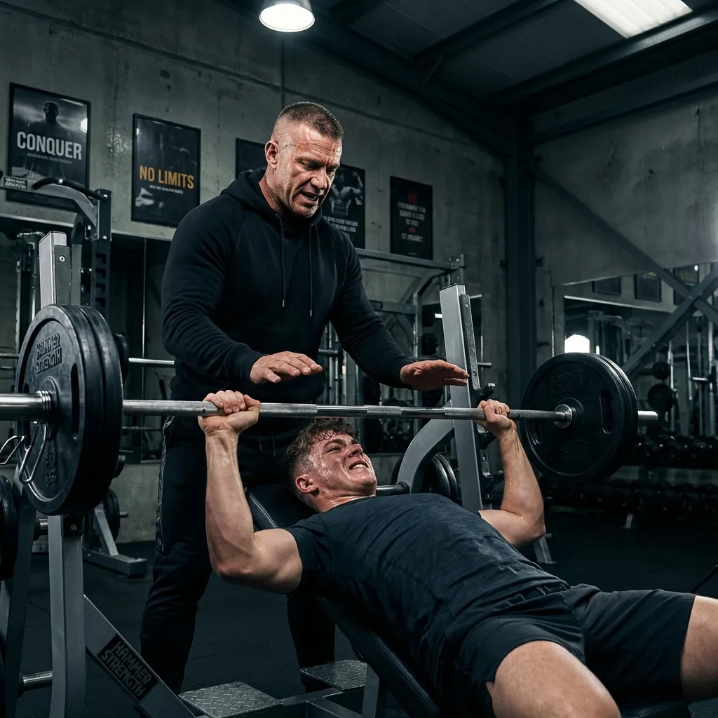 Hyper-realistic Intense gym workout session with fitness celebrity trainer spotting a bench press