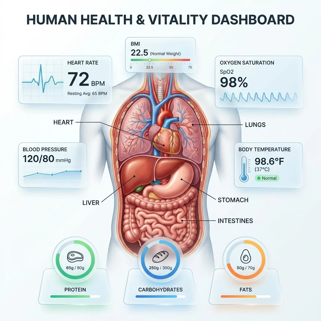 Medical infographic showing human anatomy with vital signs and health data panels