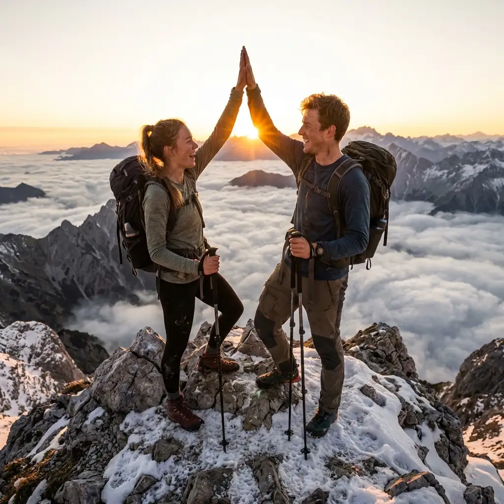 Couple high-fiving at mountain summit sunrise