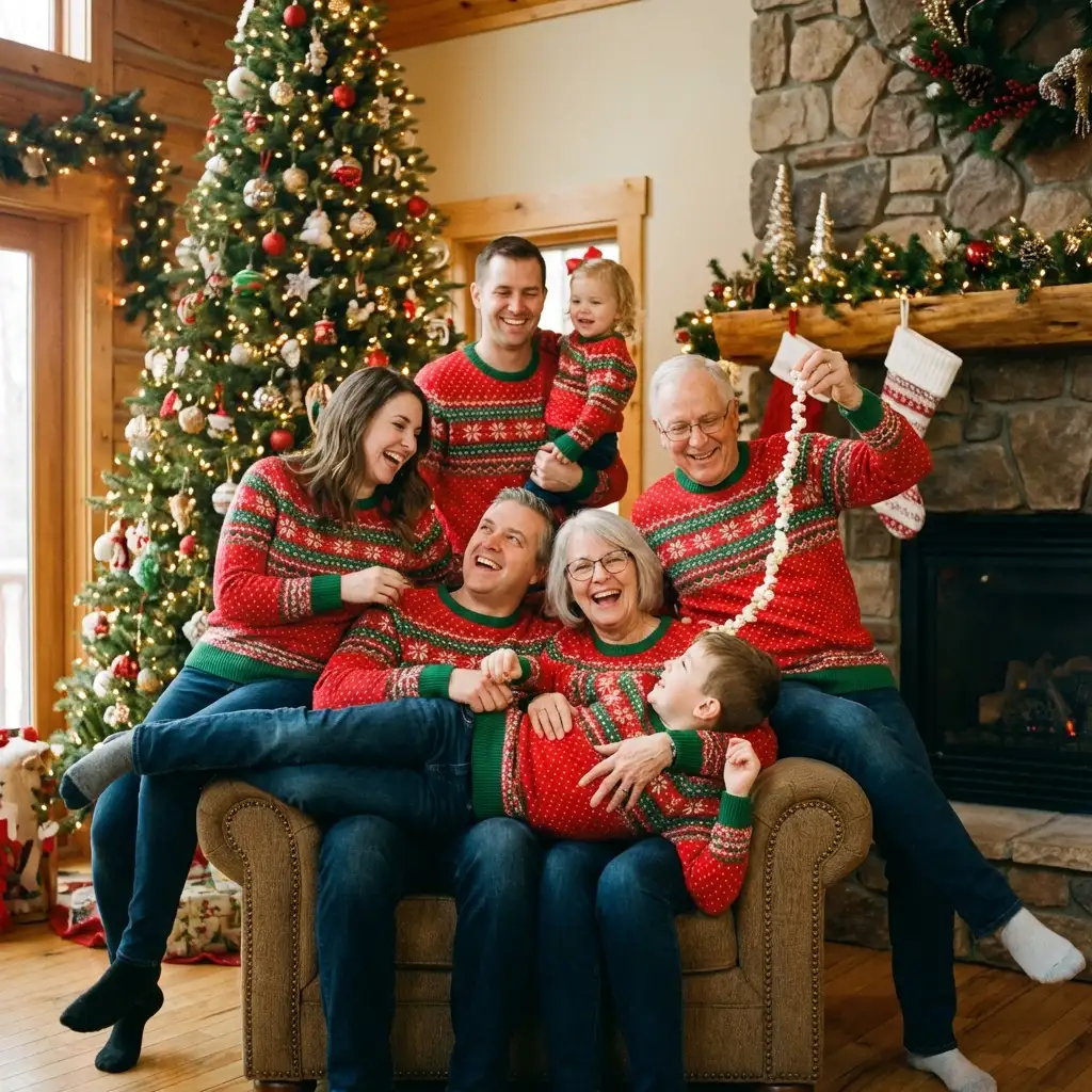 Family in matching holiday sweaters for Christmas card photo