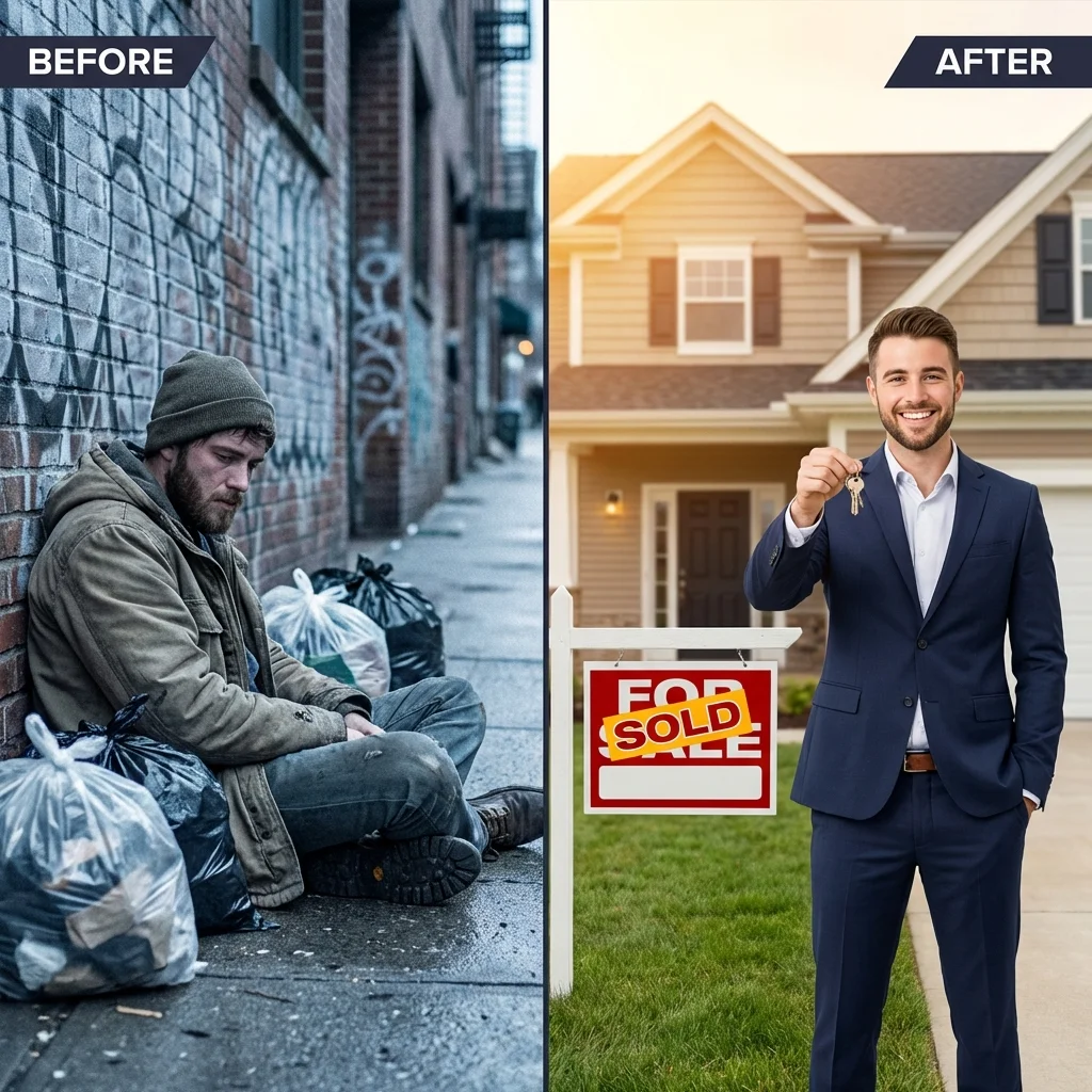Nano Banana before and after showing homeless man becoming homeowner