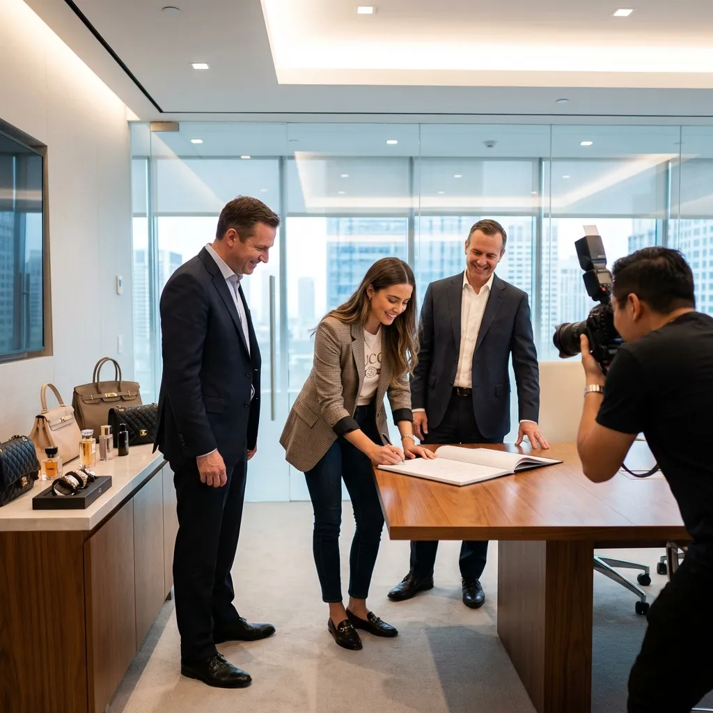 Influencer signing major brand partnership contract