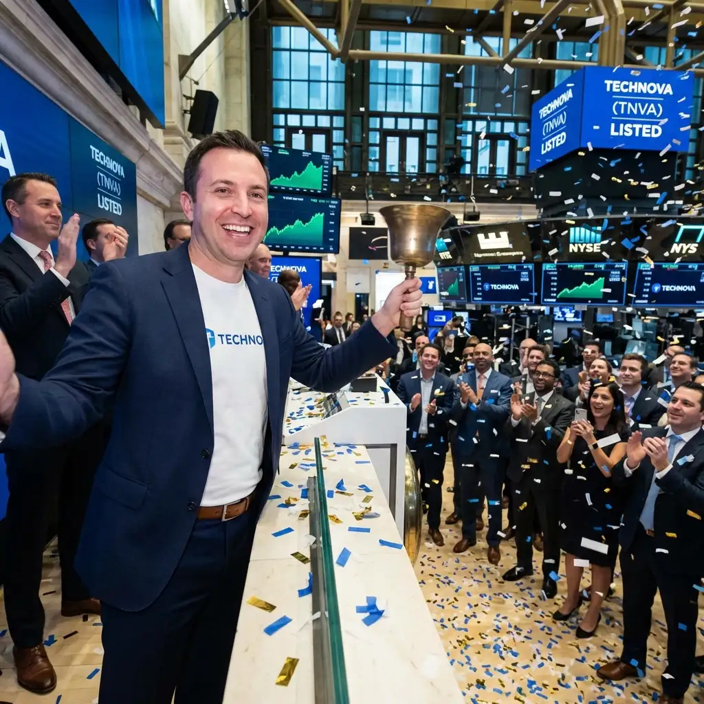 Tech CEO ringing opening bell at stock exchange with falling confetti and celebration