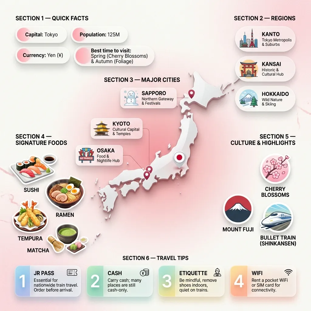 Modern clean infographic of Japan travel guide with map and cultural icons