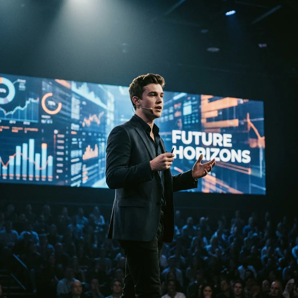 Keynote speaker presenting on stage with dramatic lighting