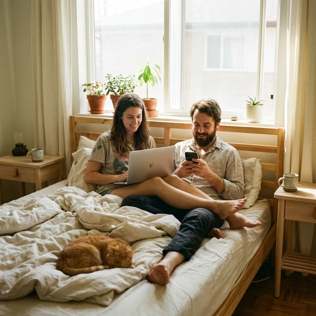 Lazy Sunday morning couple working in bed with coffee and cat
