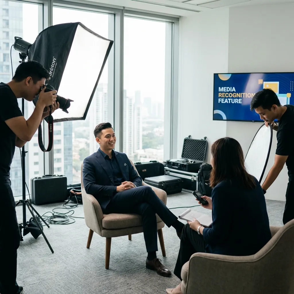 Entrepreneur being interviewed and photographed for magazine feature