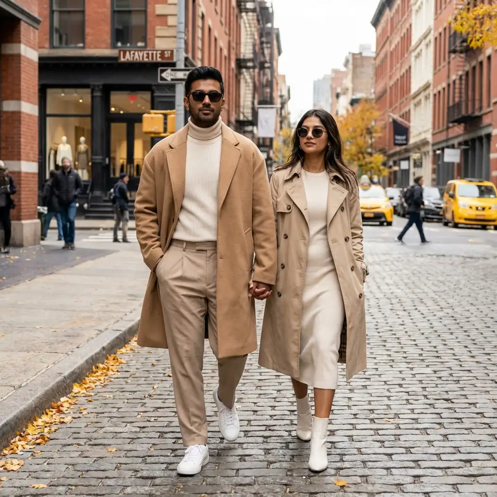 Trendy couple walking in NYC wearing matching beige winter outfits