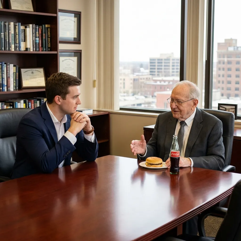 Young entrepreneur having mentorship lunch with elderly business leader near window