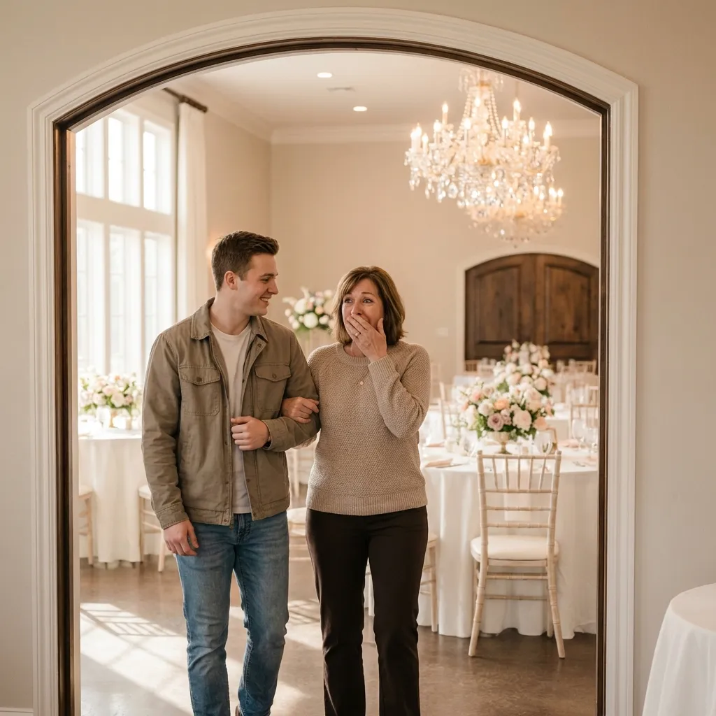 Mother and son seeing decorated wedding venue for first time