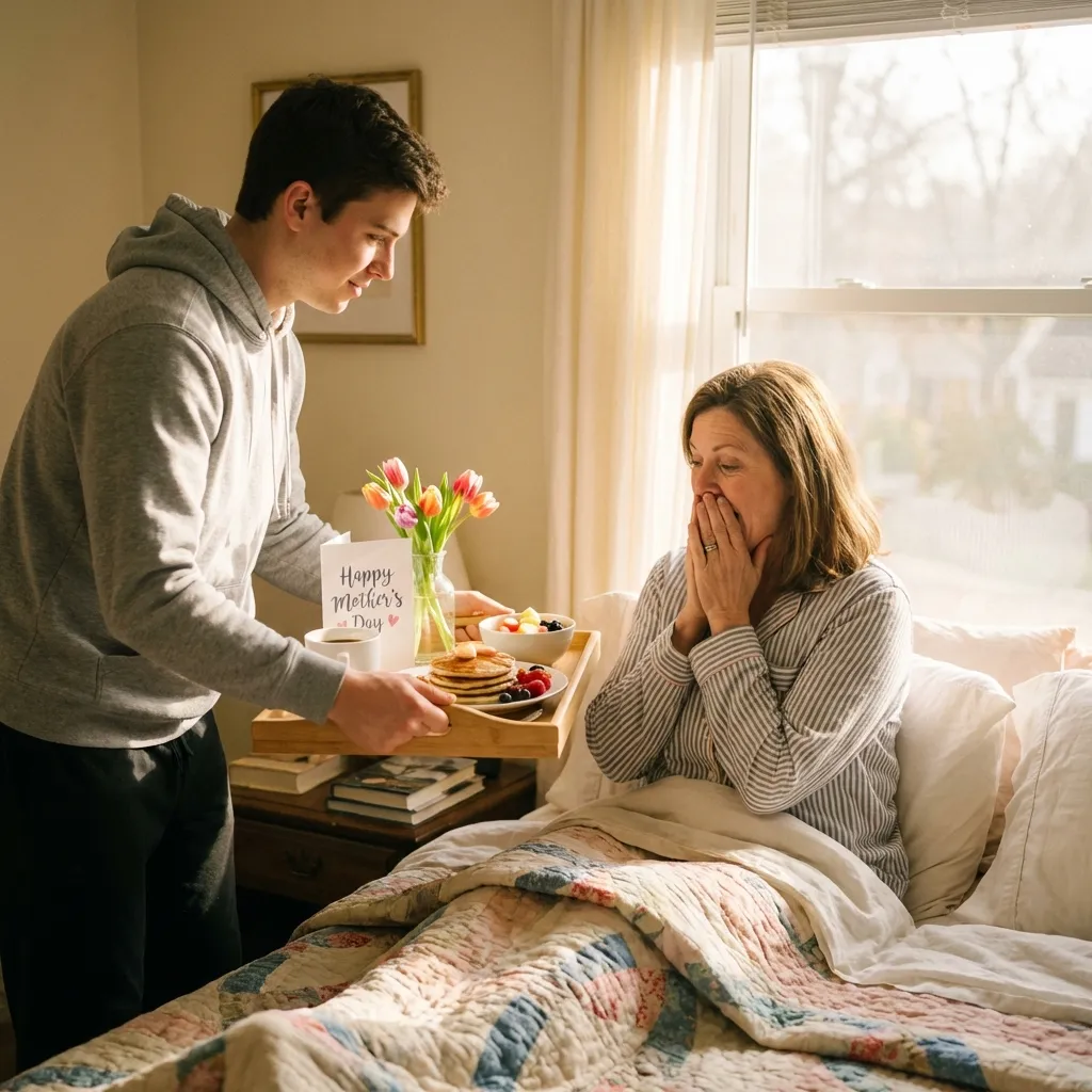 Son bringing Mother's Day breakfast in bed to surprised mom