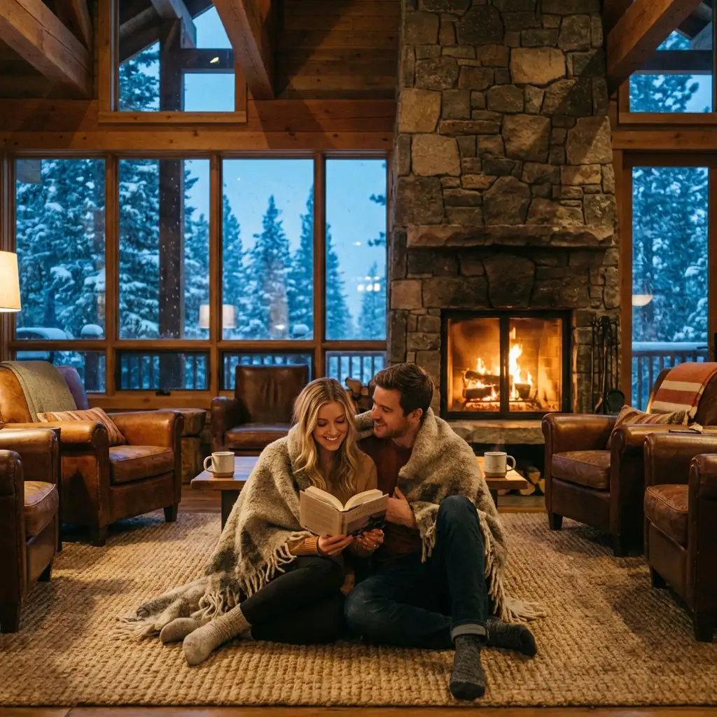 Couple cozying up by fireplace in snowy mountain cabin