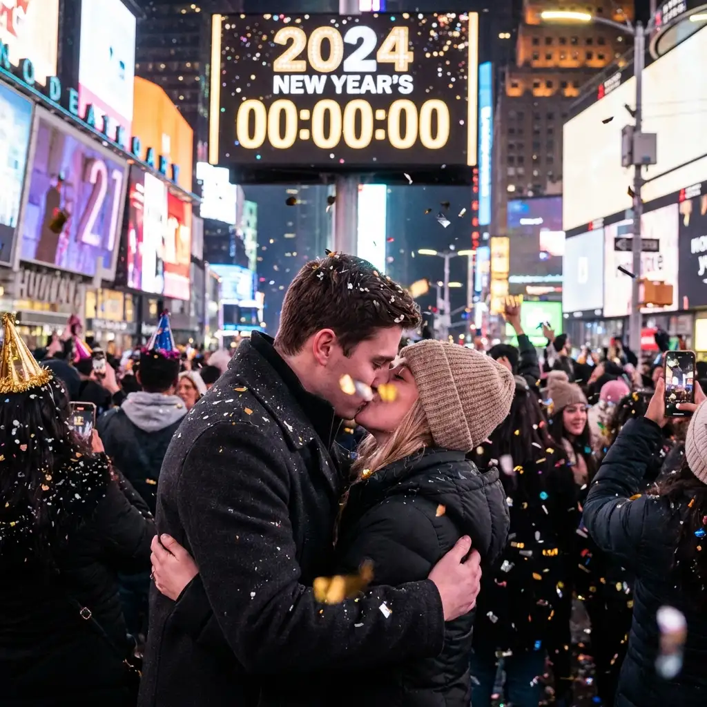 New Year's Eve midnight kiss in Times Square with confetti