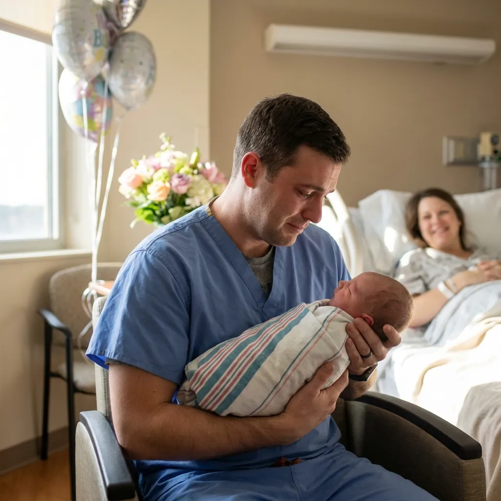 Emotional new father holding newborn baby in hospital room with mother watching in background