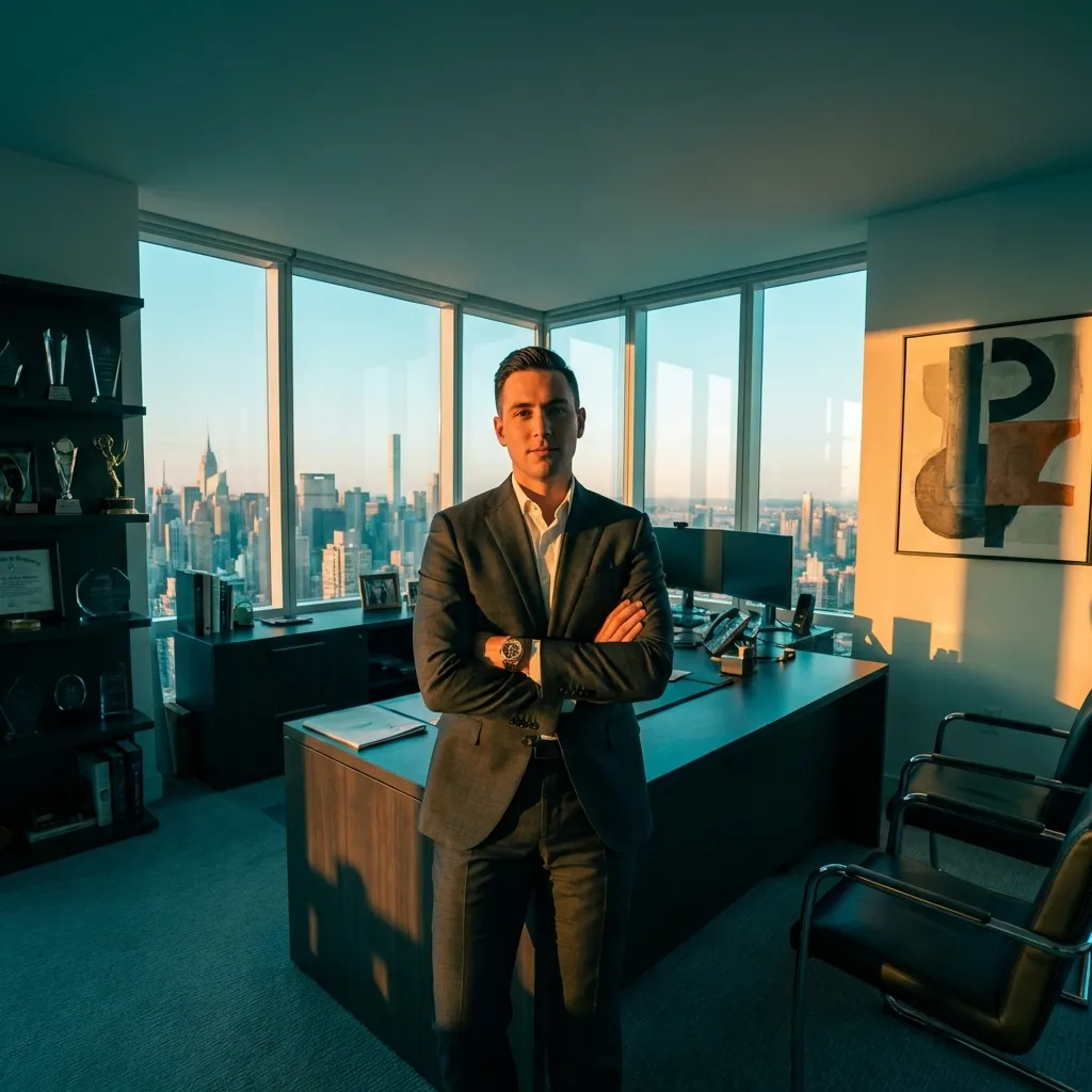 Successful CEO in penthouse office overlooking city skyline generated with Nano Banana style