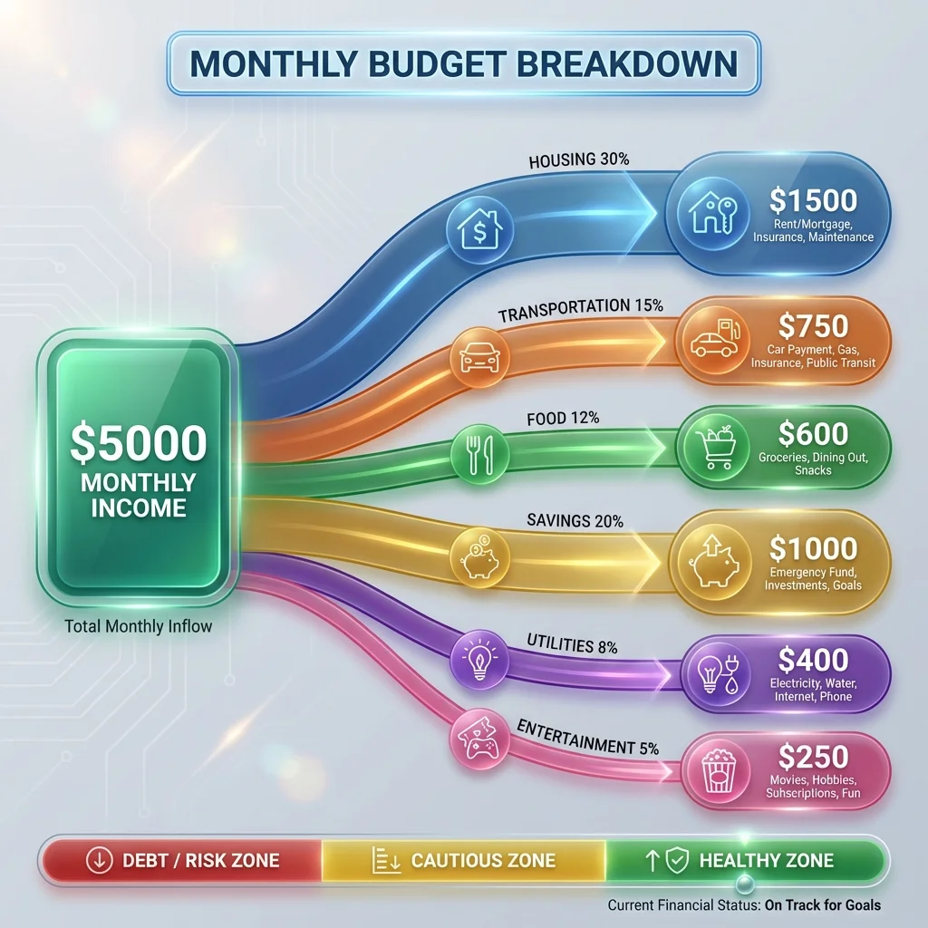 Personal finance Sankey diagram showing budget allocation and spending