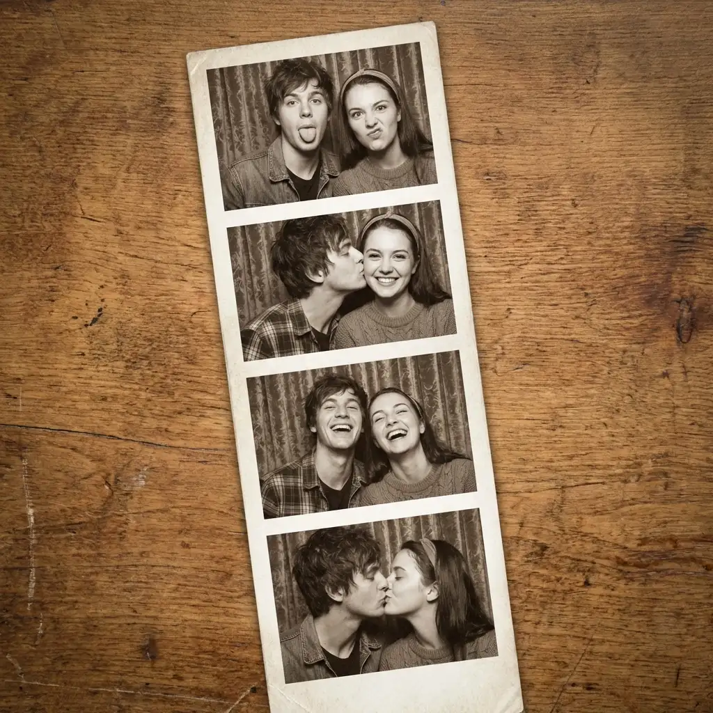Vintage photo booth strip collage of young couple being silly and romantic