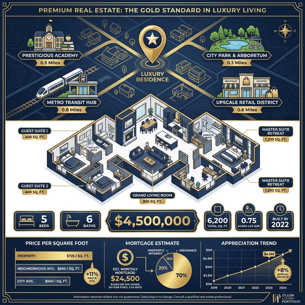 Real estate property infographic with map, floor plan, and investment metrics