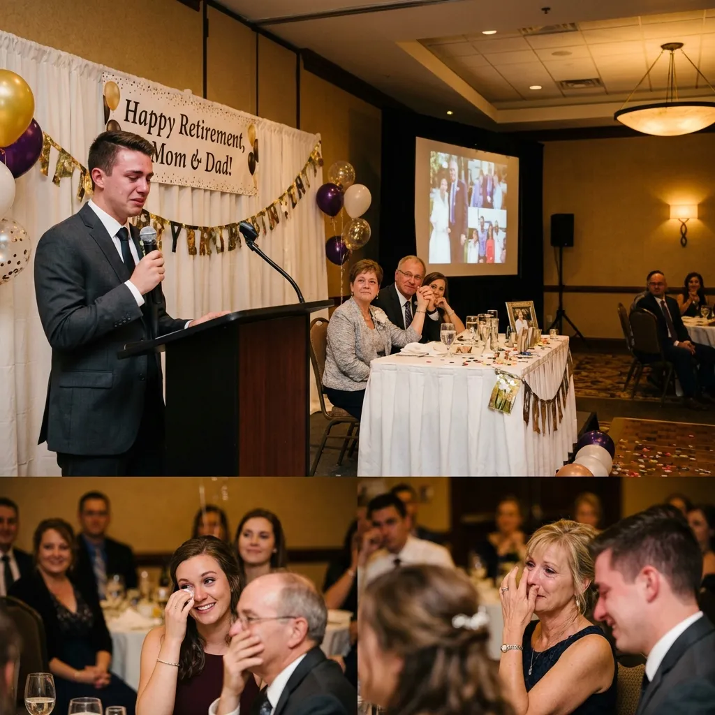 Son giving emotional speech at parents retirement party
