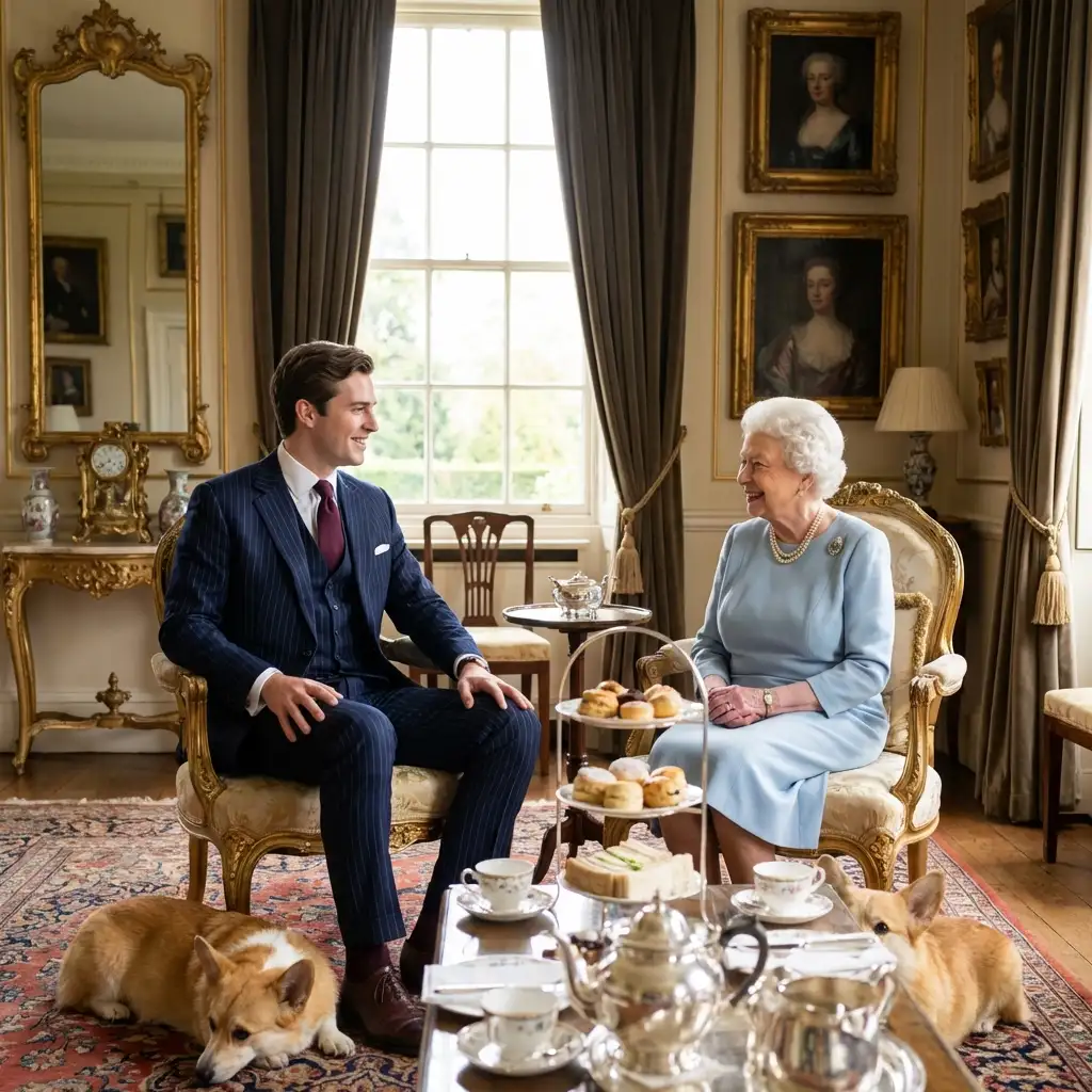 Man having tea with Queen lookalike in palace with corgis