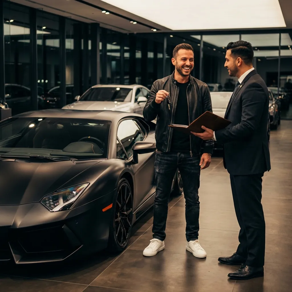 Young man laughing with keys to new matte black sports car in luxury showroom delivery moment