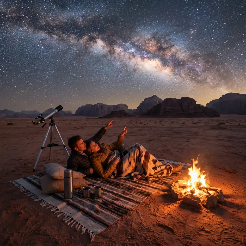 Couple stargazing in desert with campfire and telescope