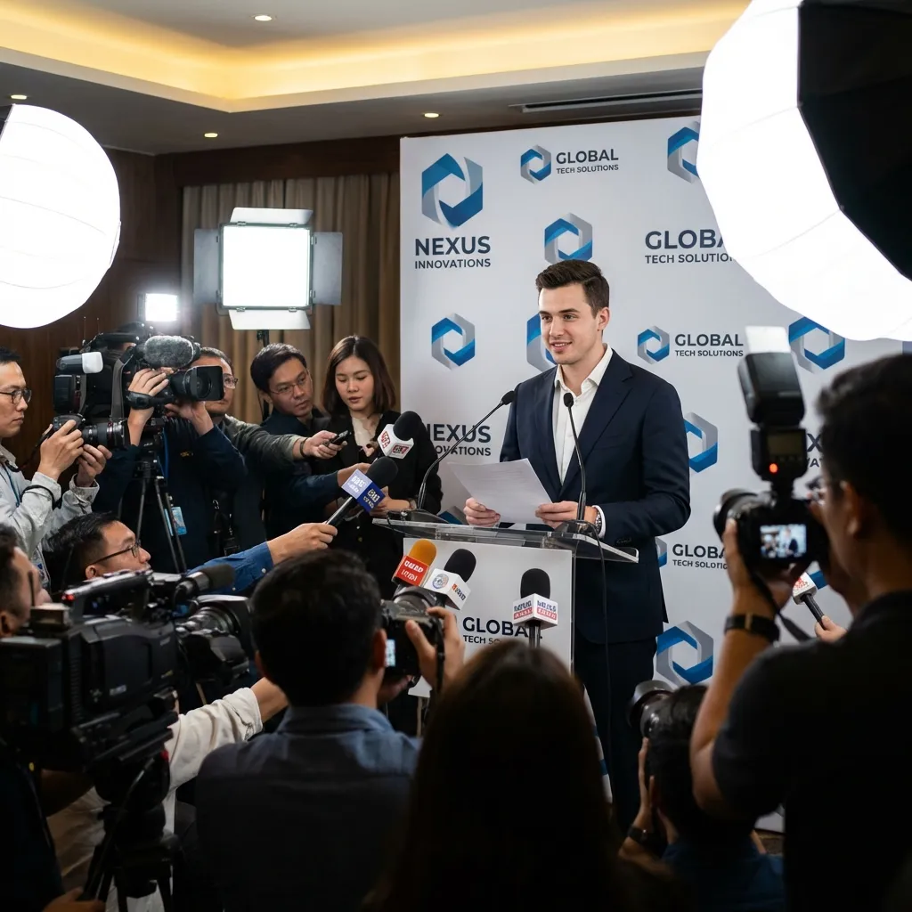 Young CEO announcing startup acquisition at press conference