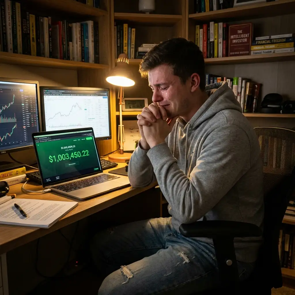 Young investor celebrating million dollar stock portfolio milestone