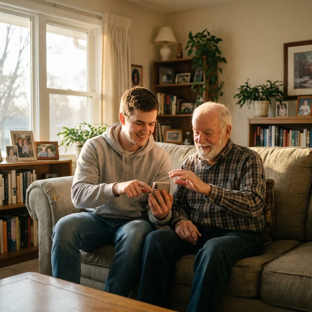 Son teaching elderly father how to use smartphone on couch in sunny living room