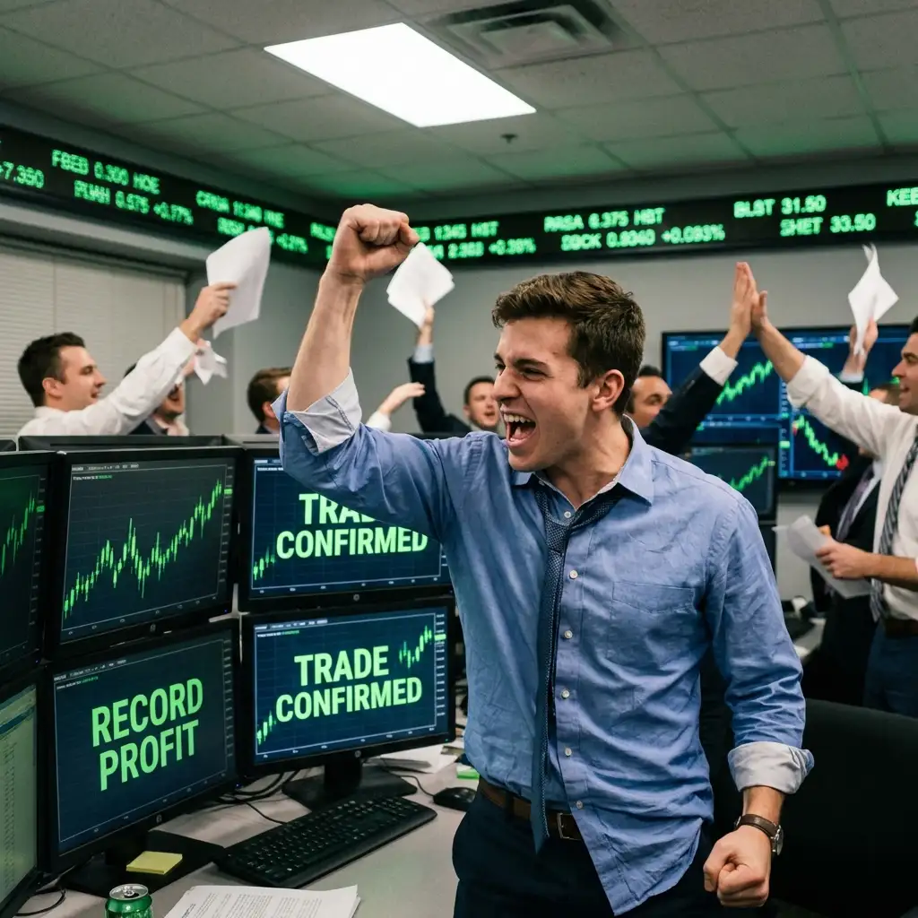Young trader celebrating winning trade on high-energy trading floor