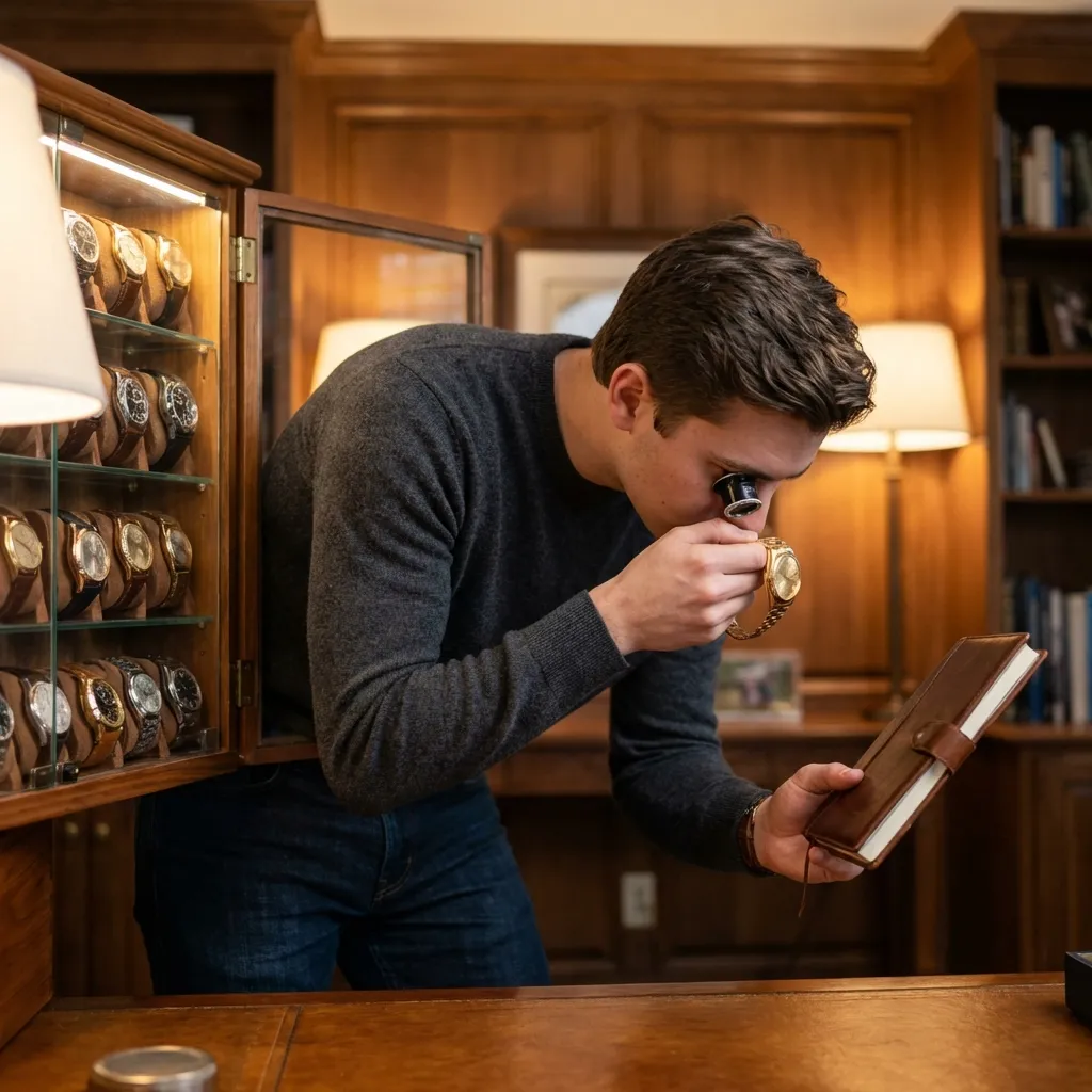 Luxury watch collector examining timepiece in elegant home office