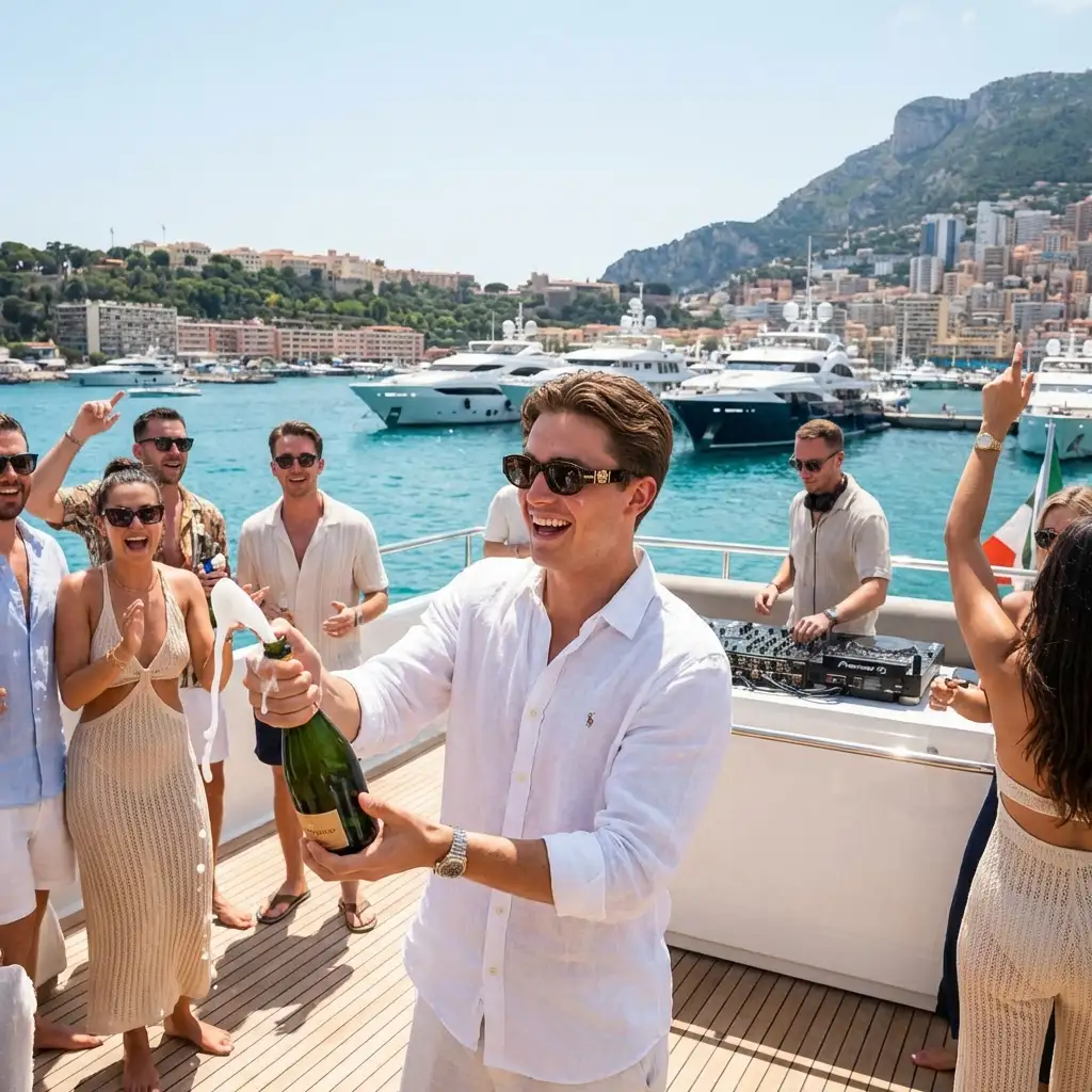 Successful young man hosting champagne party on luxury yacht
