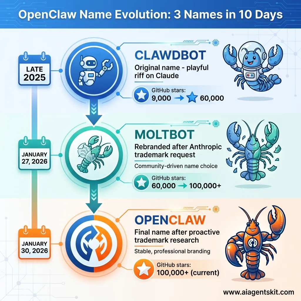 OpenClaw name evolution timeline from Clawdbot to Moltbot to OpenClaw showing three rebrands in 10 days between late 2025 and January 2026, with GitHub star growth from 9,000 to 100,000+ stars, including dates, reasons for each change, and mascot evolution
