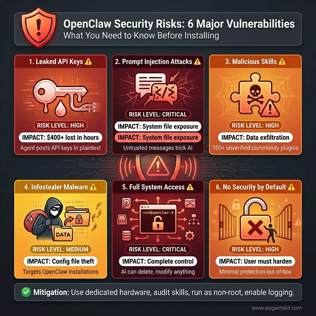 OpenClaw security vulnerabilities infographic displaying 6 major risks with color-coded severity levels: leaked API keys causing $400 plus losses marked as high risk in red, prompt injection attacks exposing system files marked critical in dark red, malicious community skills with data exfiltration marked high in orange, infostealer malware targeting configurations marked medium in yellow, full system access risks marked critical in red, and no security by default marked high in orange, with mitigation tips at bottom